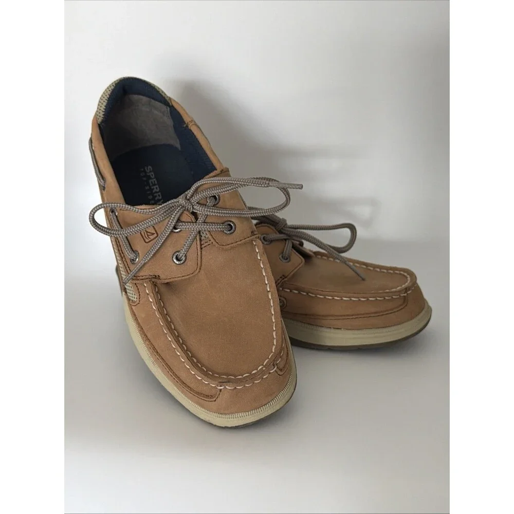 Sperry Top-Sider Lanyard Boat Shoes Boys Sz 5.5 Tan Leather Loafer Slip On EUC